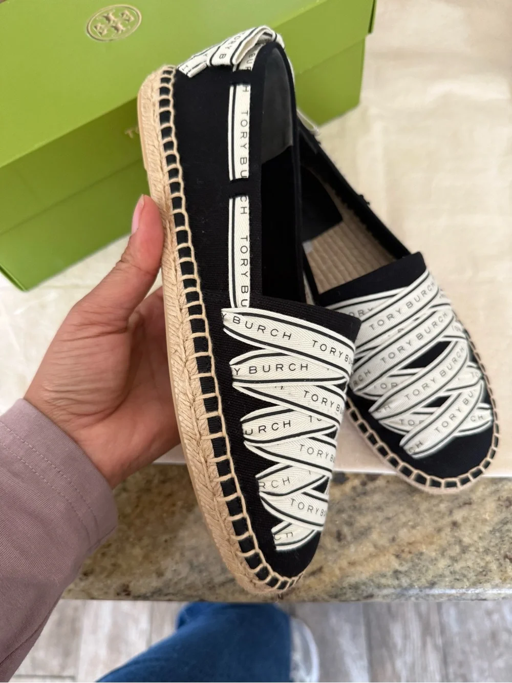 New TORY BURCH RIBBON ESPADRILLE OLONA IT - CANVAS Black/NEW CREAM